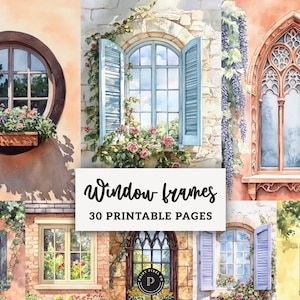Può includere: Illustrazioni ad acquerello di varie cornici di finestre, inclusi design rotondi, ad arco e rettangolari. Alcune finestre presentano persiane aperte, composizioni floreali e piante rampicanti. Il testo "Window frames" e "30 Printable Pages" è visualizzato.