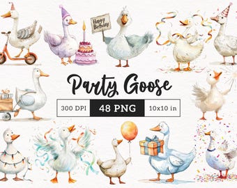 Party Goose Clipart Silly Geese Birthday Soft whimsical Pastel PNG Balloons nursery decor Cute graphics Printable card making Scrapbooking