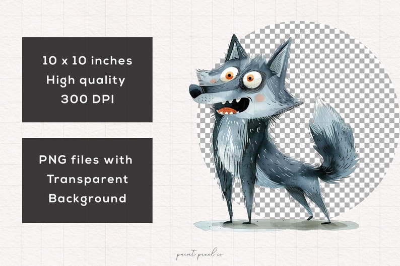 Puede incluir: Un lobo de dibujos animados con una expresi&oacute;n de sorpresa, pelaje gris y una cola larga. El lobo est&aacute; de pie sobre un fondo blanco.