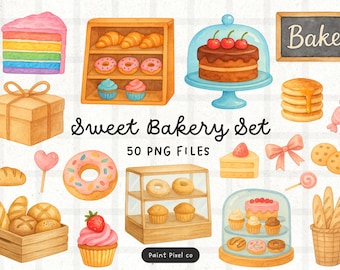Cute Bakery Set Clipart Bundle - Watercolor Sweet treats Set PNG images (Commercial Use) (Digital Download)