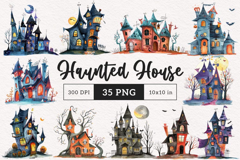 May include: A set of 35 watercolor illustrations of haunted houses in various styles. The houses are depicted in shades of blue, purple, green, and orange, with intricate details and whimsical features. The illustrations are perfect for Halloween projects, scrapbooking, and digital design.