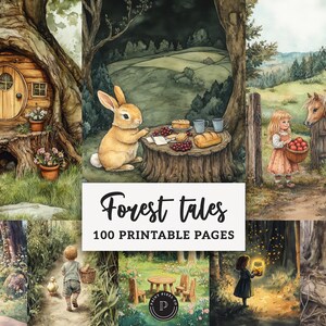 Puede incluir: Una colección de ilustraciones en acuarela con temática de bosque. Las imágenes representan escenas con una casa de hobbit, un conejo en una mesa, una niña con un caballo y otras escenas de bosque caprichosas. El texto "Forest tales" y "100 Printable Pages" están incluidos.