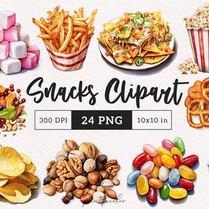Snacks Clipart Proefmix PNG Snoep graphics Popcorn illustratie ijs Mueslichips Friet Papier Crafting Scrapbook Afdrukbare muurkunst