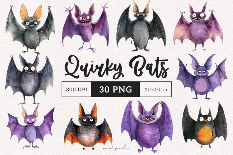 Puede incluir: Un conjunto de 30 ilustraciones de murci&eacute;lagos originales pintados en acuarela en morado, negro y naranja. Los murci&eacute;lagos tienen diferentes expresiones y poses. El texto "Quirky Bats" est&aacute; escrito en letras cursivas negras. El texto "300 DPI 30 PNG 10x10 in" est&aacute; escrito en letras sans-serif negras.