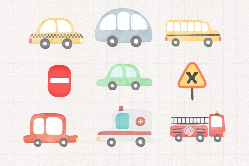 May include: A set of nine watercolor illustrations of various vehicles and traffic signs. The illustrations include a yellow taxi, a blue bus, a yellow school bus, a green car, a red car, a red stop sign, a yellow warning sign with an X, a white ambulance, and a red fire truck.