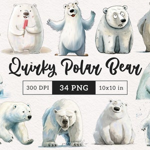 Clipart original d'ours polaire animaux polaires drôles Arctique lunatique aquarelle ours polaire PNG animaux d'hiver illustration de la faune par sublimation