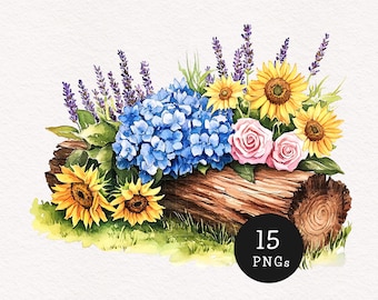 Watercolor Wildflowers Clipart, Flowerbed PNG (Digital Download)