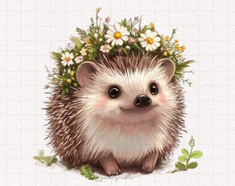 May include: A cute brown hedgehog with a white face and black nose wearing a flower crown with white daisies and green leaves. The hedgehog is sitting on a white background with a grid pattern.