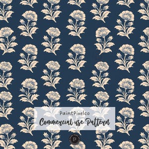 May include: A dark blue background featuring a repeating pattern of light cream-colored floral sprigs with blossoms and leaves. A white rectangular overlay in the center displays the text PaintPixelco Commercial use Pattern.