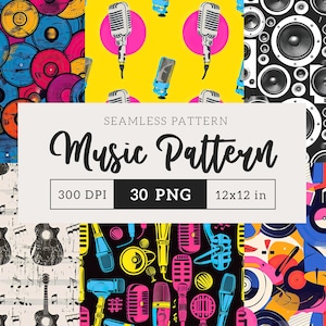Música de patrones sin fisuras Instrumentos Fondo Guitarra Scrapbook Papel musical Textura sin costuras Grunge Música Patrón de repetición PNG Sublimación