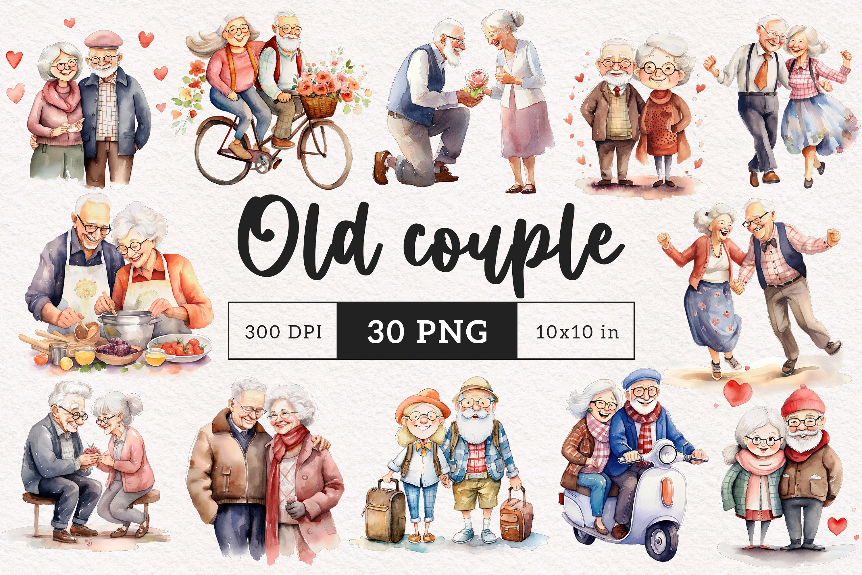 Old couple in love Clipart Grandparents PNG Grandma Grandpa Quirky old woman elderly lovers old man Watercolor cute old lady Dance happy