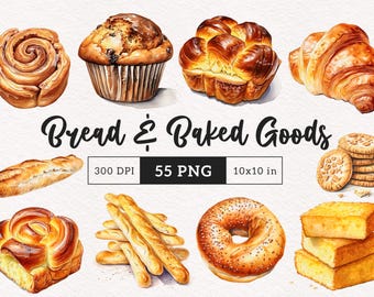 May include: A collection of watercolor illustrations of various baked goods, including bread, rolls, croissants, muffins, and cookies. The illustrations are in a realistic style and feature a variety of textures and colors.