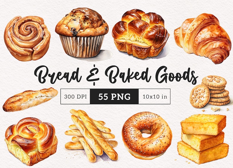 May include: A collection of watercolor illustrations of various baked goods, including bread, rolls, croissants, muffins, and cookies. The illustrations are in a realistic style and feature a variety of textures and colors.