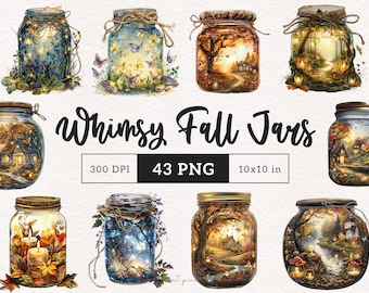 Autumn in a jar Clipart Magical Fall PNG Cozy Autumn Decor Boho Whimsical Fall jars Sublimation Scrapbook Paper Crafting Junk Journal DTF