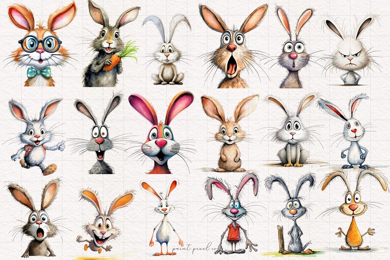 May include: A collection of 18 watercolor illustrations of cartoon rabbits with various expressions and poses. The rabbits are depicted in a variety of colors, including brown, gray, white, and orange. Some rabbits are wearing glasses, bow ties, and other accessories.