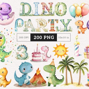 May include: Watercolor illustrations of dinosaurs, cakes, candles, and balloons, with the words "DINO PARTY". The image includes a variety of colorful dinosaurs, a volcano, and palm trees. The image is 10x10 inches and 300 DPI.