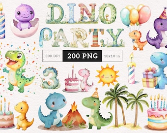 Dino Birthday Party Clipart Dinosaur Watercolor Birthday Decor PNG Sublimation Baby Shower Dinos Volcanos Nursery Decor Commercial Use