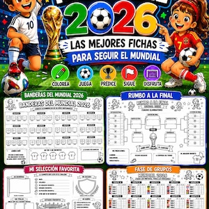 Puede incluir: Un colorido póster digital para la Copa del Mundo de 2026, con niños de dibujos animados, balones de fútbol y un trofeo. El póster incluye secciones para colorear, jugar y predecir los resultados del torneo. El texto dice "MI MUNDIAL 2026".