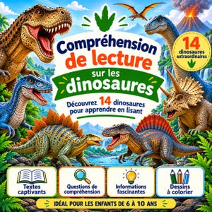 Può includere: Una colorata copertina di un libro educativo intitolata Compréhension de lecture sur les dinosaures con vari dinosauri, un vulcano e icone per testi di lettura, domande di comprensione, fatti e disegni da colorare per bambini dai 6 ai 10 anni.
