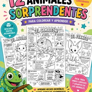Puede incluir: Un libro de actividades educativas colorido titulado "12 Animales Sorprendentes" con ilustraciones de animales, incluyendo un camaleón y un fennec. El libro presenta páginas para colorear y datos divertidos para niños.