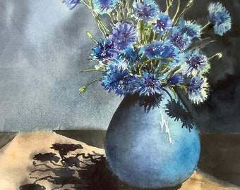 Watercolor Blue Flowers Painting