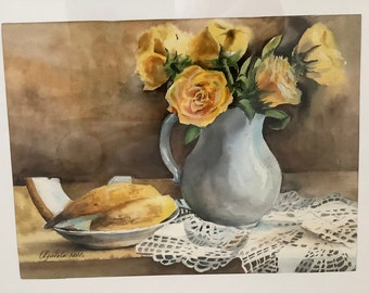 Watercolor Still Life Yellow Roses and melon