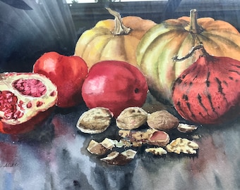 Watercolor Still Life with Pumpkin and Pomegranates