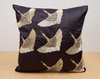 Black Bling Beads Throw Pillow Cover Luxury Contemporary Modern Pillow Cover Hand Embroidered Embellished Custom Accent Personalised kgn