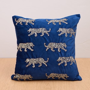 Navy Blue Gold Velvet Tiger Throw Pillow Luxury Contemporary Modern Pillow Coverkgn kgn