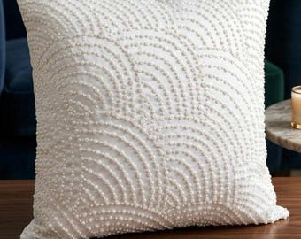 Funda de cojín de satén blanco roto bordada a mano con perlas y lentejuelas, funda de almohada decorativa de lujo, funda de almohada contemporánea,