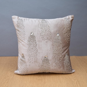 Grey Velvet Cushion Cover with Crystal Detailing – Glamorous Handcrafted Luxury