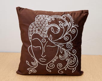 Brown Velvet Cushion Cover with Buddha-Inspired Crystal Embroidery (White)