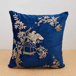 Navy Blue Velvet Gold Throw Pillow Luxury Contemporary Modern Toss Pillow Hand Embroidered Embellished Custom Accent Personalised Pillow
