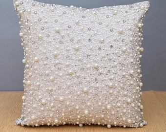 Funda de almohada hecha a mano con perlas y cristales / Decoración de boda con cuentas / Funda de almohada decorativa de lujo adornada, funda de almohada contemporánea, funda de almohada moderna