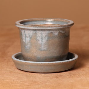 Handmade Flower Pot with Attached Drip Tray Round Stoneware Glossy Blue Glazed Ceramic Planter Indoor or Outdoor House Plant Pot
