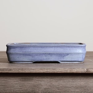 May include: A rectangular, blue-grey ceramic bonsai pot. The pot has a slightly textured surface and a low profile. It sits on a wooden surface, with a neutral background.