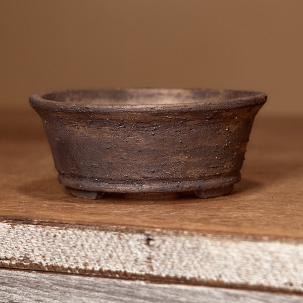 4" Handmade bonsai pot with groggy texture and a dark wash