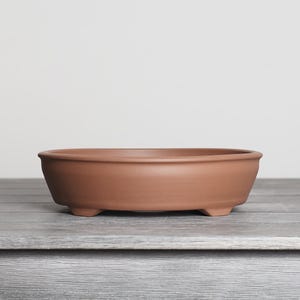 May include: A shallow, round terracotta bonsai pot with a smooth, matte finish and a wide, open top. The pot features a slightly flared rim and is supported by four small, integrated feet at the base, showcasing a natural, earthy reddish-brown color.