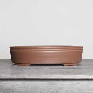 May include: A shallow, oval-shaped terracotta bonsai pot with a smooth, matte finish. The container features a slightly flared rim with two horizontal grooves running along the exterior wall and is supported by a raised base with small feet.