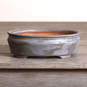 May include: A small, oval-shaped bonsai pot with a weathered, gray-blue exterior and a reddish-brown interior. The ceramic pot has a low profile and sits on three small feet. The pot is designed for growing small trees.