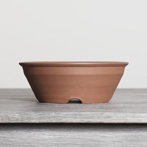 May include: A terracotta-colored ceramic bonsai pot with a wide, circular rim and a tapered body. The base features a small, arched drainage cutout at the bottom edge, and the exterior surface has a smooth, matte finish with a simple, clean design.