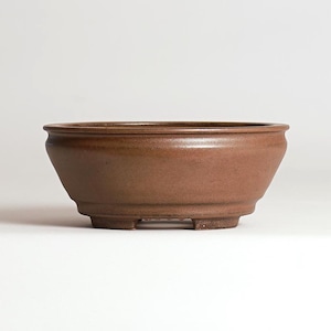 May include: A brown ceramic bonsai pot with a wide, shallow design. The pot has a slightly flared shape and sits on three small feet. The rim is rounded, and the overall finish is matte. Ideal for bonsai enthusiasts.