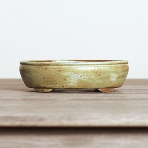 May include: A shallow, oval-shaped ceramic bonsai pot with a mottled, earthy green and tan glaze. The vessel features a smooth, rounded rim, a slightly textured surface with subtle speckling, and is supported by four small, integrated feet.