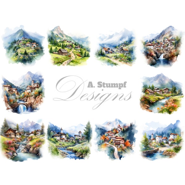 Watercolor Mountain Village, Landscape Clipart, Mountain Scenery, Nature Illustration, Rural Landscape, Countryside Scene, Mountain View