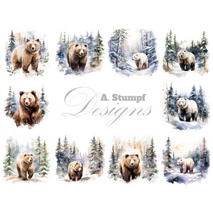 Ours en hiver forêt Clipart numérique aquarelle peinture illustration d'animaux des bois faune Clip Art paysage enneigé Nature Grapgics