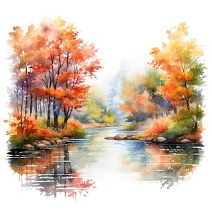 10 Imágenes prediseñadas de paisaje de río en otoño, pintura de acuarela digital, paisaje de otoño, ilustración de orilla de río, color de otoño, escena de río, imágenes prediseñadas de naturaleza