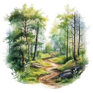 Ensemble de 10 cliparts en été, peinture à l'aquarelle numérique, aventure dans les bois, clipart, illustration de paysage en plein air