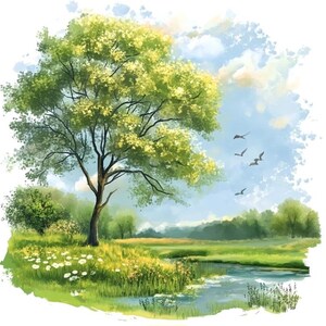 10 Primavera Natureza Paisagem Clipart Conjunto Digital Pintura Aquarela Flores Desabrochando Ilustrações Floral Prado Pétalas Macias Clip Art Bundle