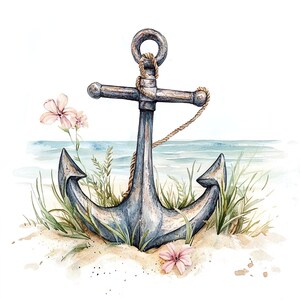 10 vieux vintage ancre plage mer herbe fleurs Clipart ensemble peinture aquarelle numérique Illustration nautique rustique côtière Clip Art Bundle