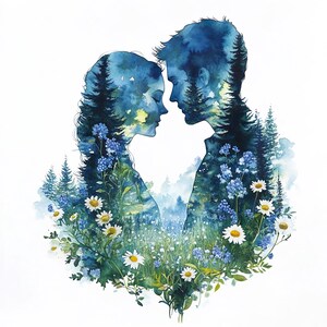 Lot de 10 couples amoureux Silhouette forêt florale, ensemble de cliparts, peinture aquarelle numérique, Illustration romantique, Saint-Valentin, clipart